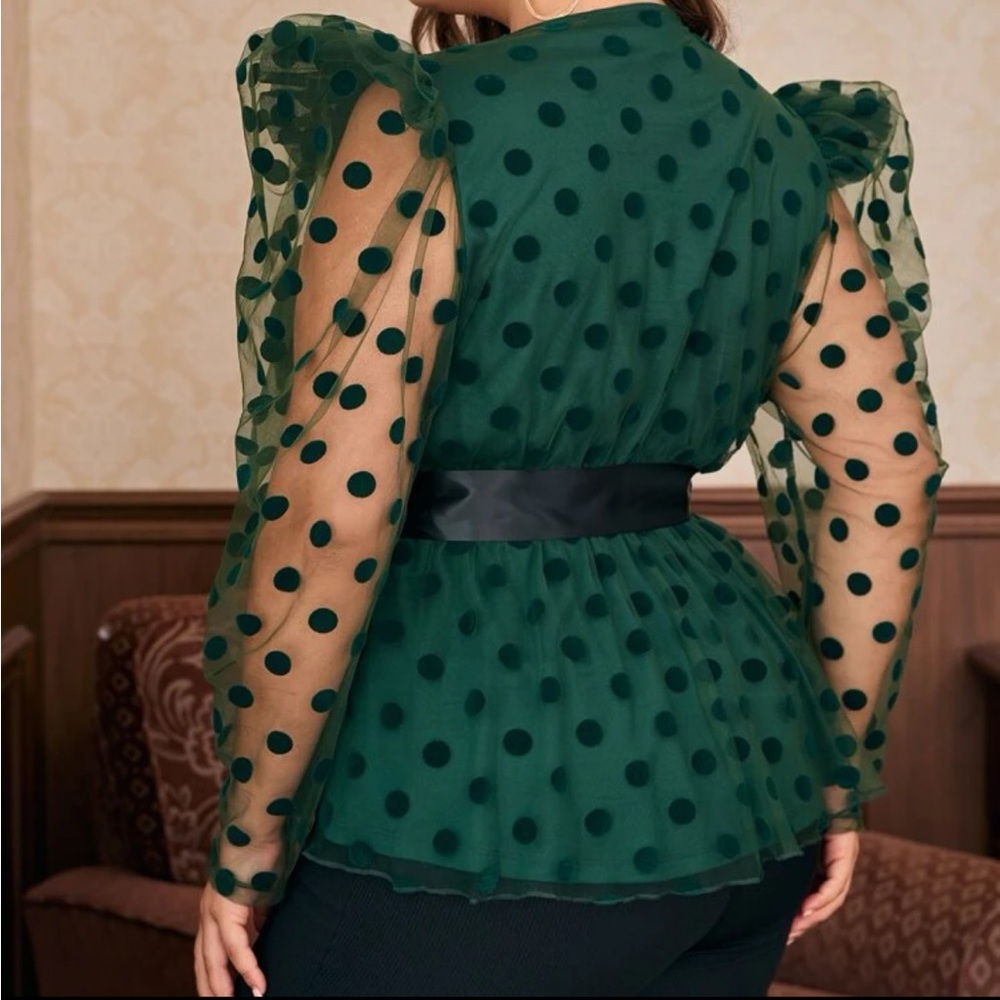 Flattering Plus Size Mesh-Sleeve Peplum Blouse - Picture 3 of 6